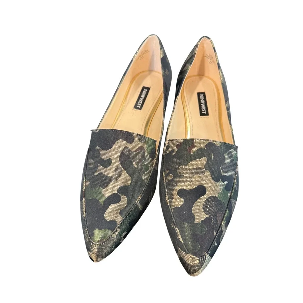 Nine West Womens Camo Metallic Gold Jacquard Pointed Toe Loafers Flats 8M - Picture 4 of 6